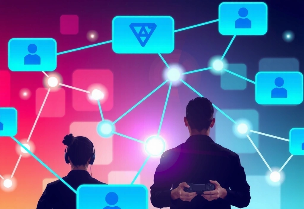 Representación abstracta de personas conectándose a través de redes digitales, simbolizando comunidad y conocimiento compartido en el juego online.