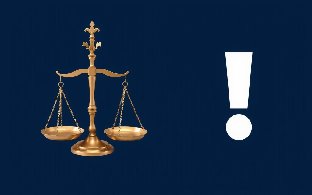 Balanzas de la justicia y un signo de exclamación, simbolizando descargo de responsabilidad
